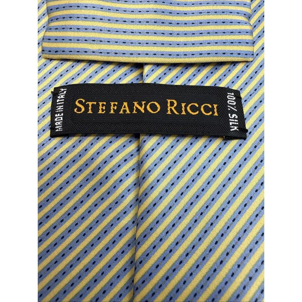 STEFANO RICCI Luxury Collection Silk Necktie ITALY Striped Yellow Blue Mens Tie